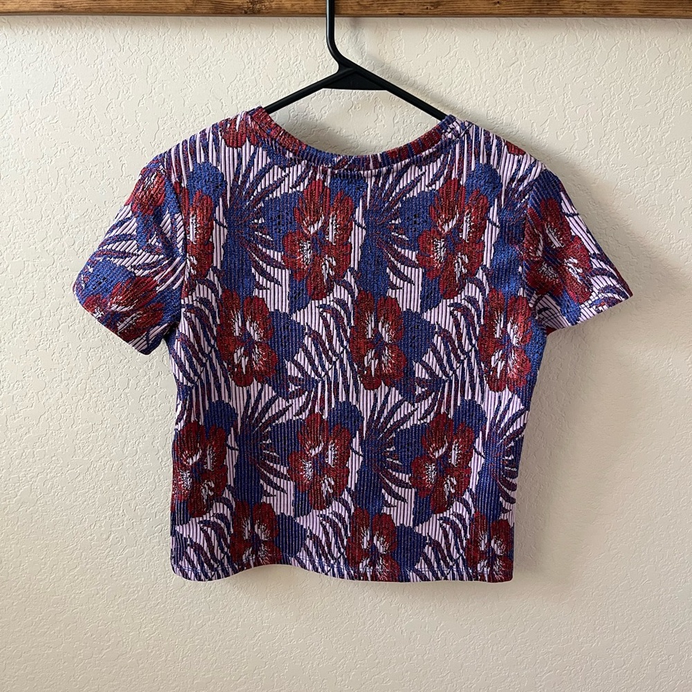 Zara Trafaluc Women’s Jacquard Tropical Floral Top Size S Lavender Red Blue - Picture 6 of 7